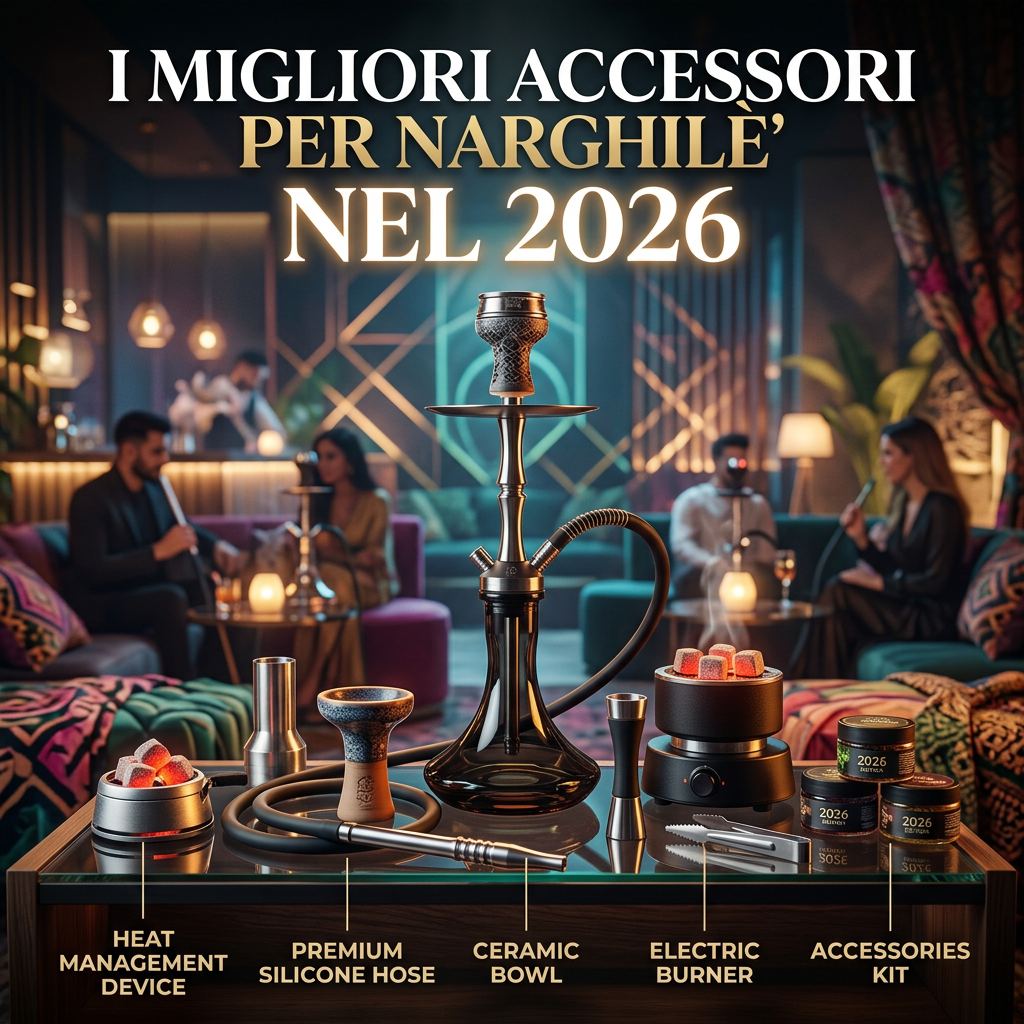Hookah accessories including heat management device, premium silicone hose, ceramic bowl, electric burner, and accessories kit on a table